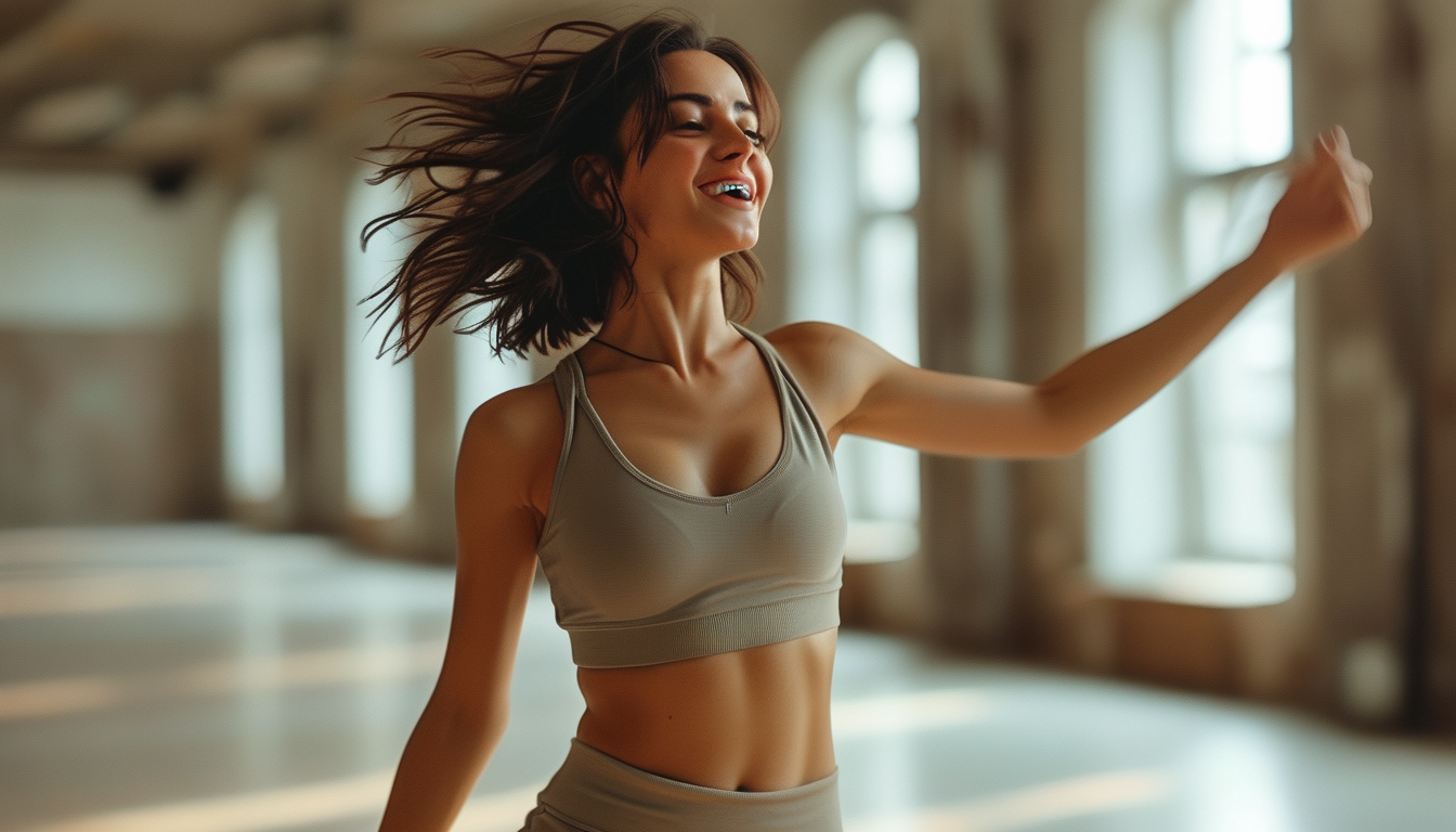 Woman dancing energetically in a dance studio