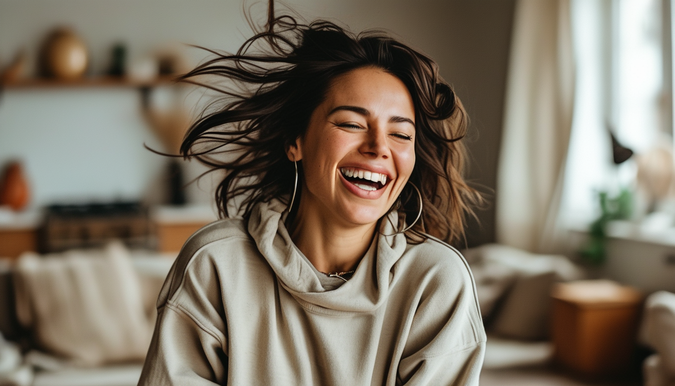 Woman laughing while trying a dance move at home