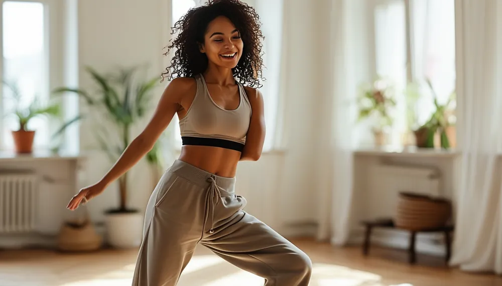 Woman doing a fun dance workout at home, joyful