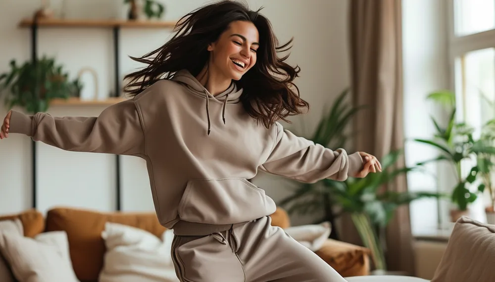Woman dancing energetically in her living room